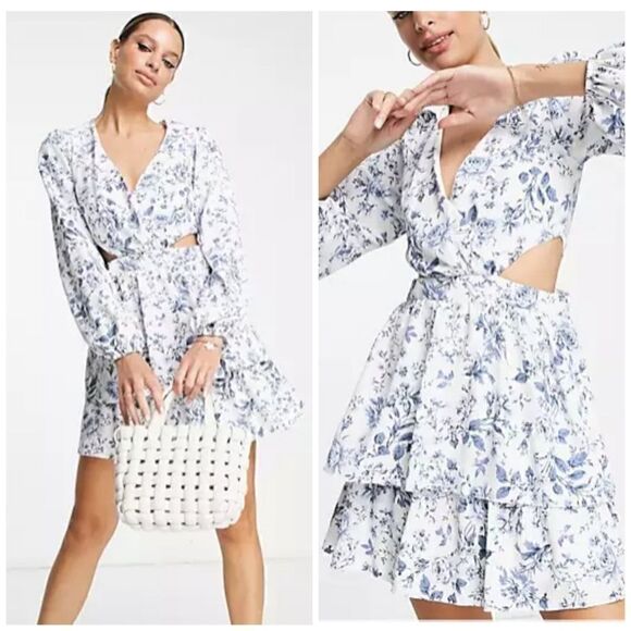 ASOS New Look TALL Blue/White Floral Cut Out Long Sleeve Mini Dress | SZ 4 - Picture 1 of 16